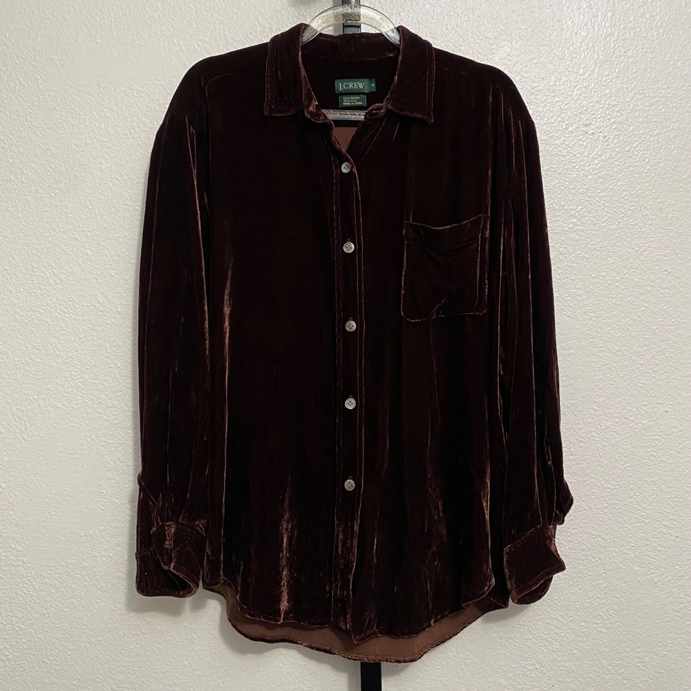 Vtg J Crew Women's Chocolate Brown Velvet Button Up Top S Old Money Academia